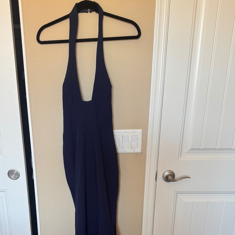 Full length navy gown with small train